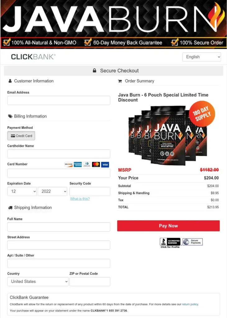 java burn checkout page