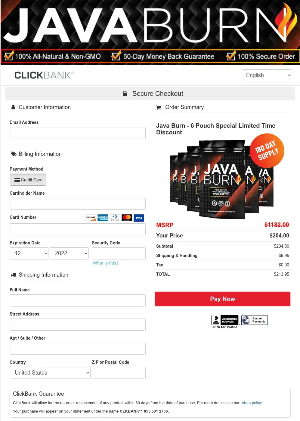 java burn checkout page