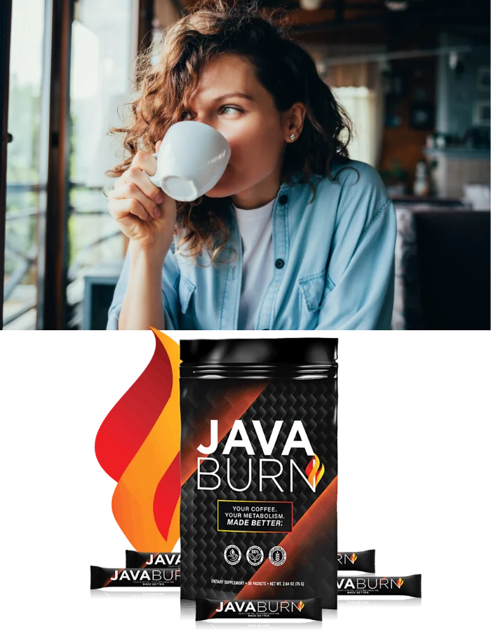 a women drinking coffee and a java burn coffe packet below the women image